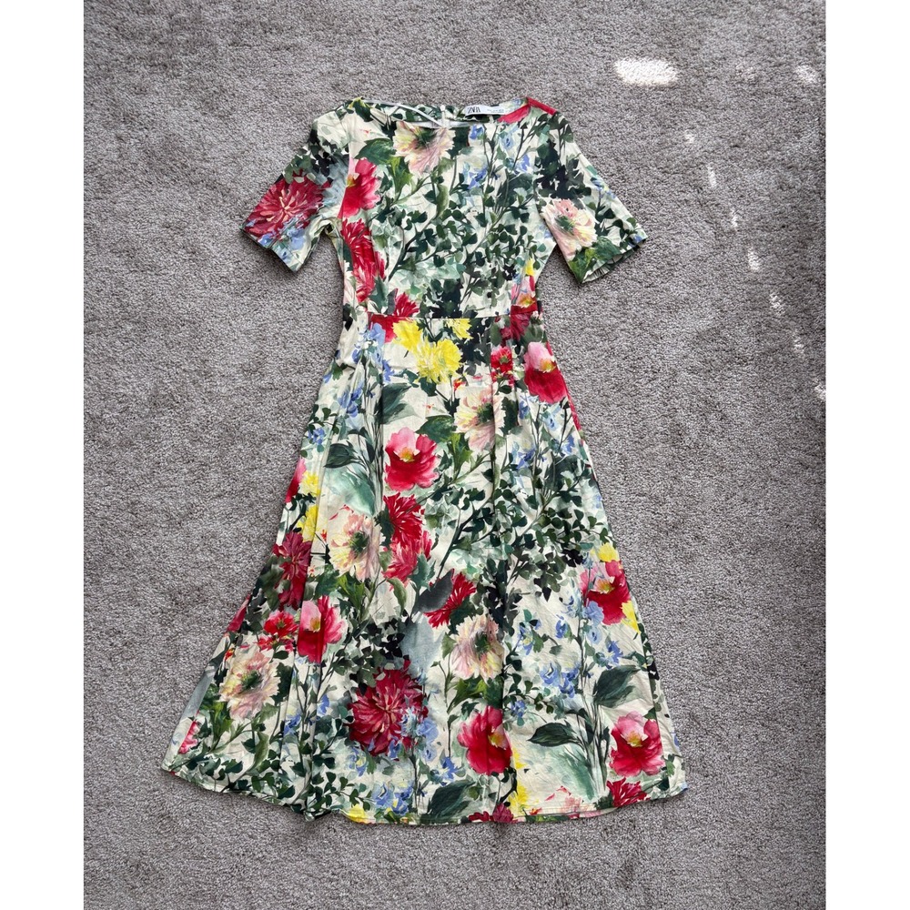 Zara Floral Linen Blend Midi Dress with Belt Short Sleeve with Pockets Size M